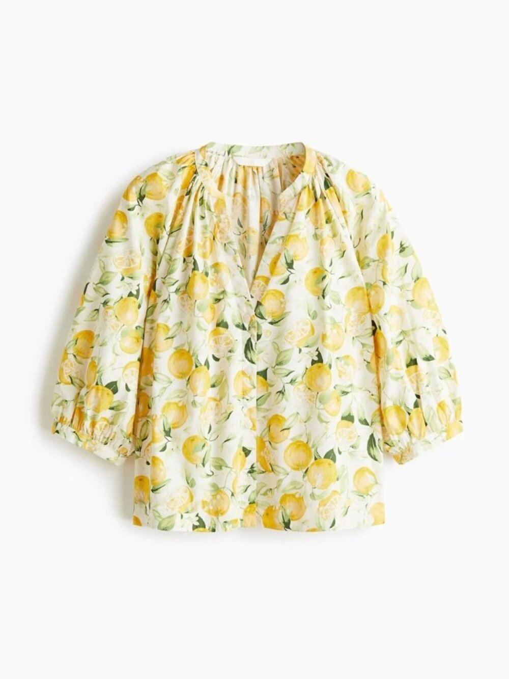 H&M Lemon Print Cotton Blouse Top Yellow White Puff Sleeve Button Front size M - Picture 4 of 12